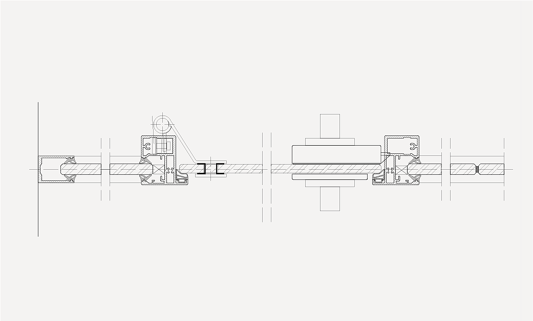 Horizontal sectional drawing of a glazed partition wall comprising glass panes, aluminium profiles and seals.