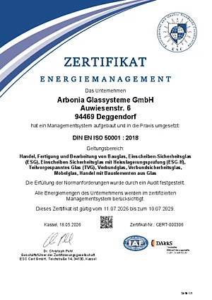 Certificato DIN EN ISO 50001:2018 per Arbonia Glasssysteme mbH, gestione dell'energia, valido dal 11.07.2023 al 10.07.2026