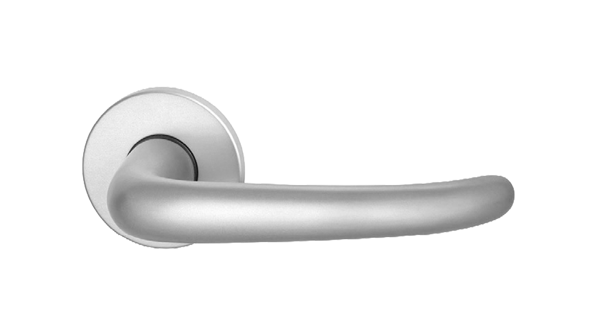 Poignée de porte incurvée, argent mat, sur rosette ronde, vue latérale