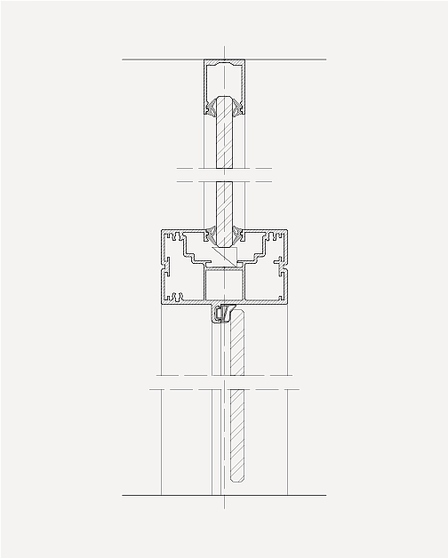 Vertical cross-section of a partition wall profile with a fitted glass panel, perimeter seals, a hollow-chamber cross-section and a detail of the ceiling and floor connections